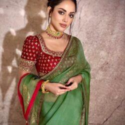 Green Muslin Saree with Minimal Zardozi Work