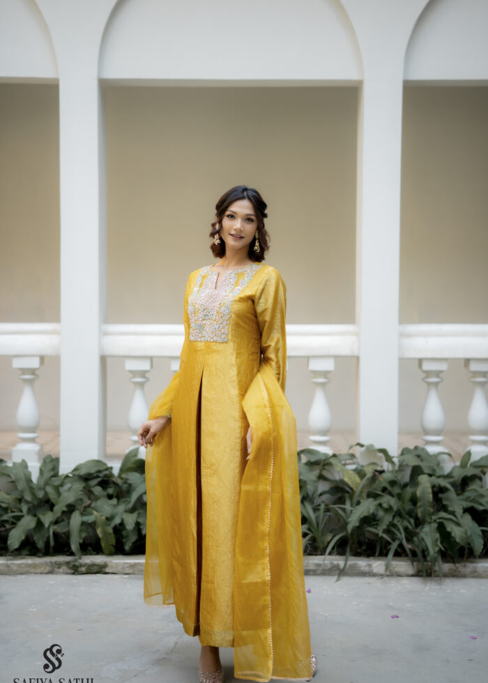 Sunshine Yellow Crash Silk Anarkali Set with Hand Embroidered Yoke & Organza Dupatta