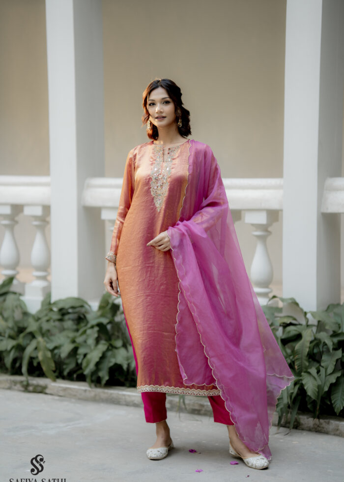 Gulnar — Orange-Pink Silk Kurta Set with Hand Embroidery & Organza Dupatta