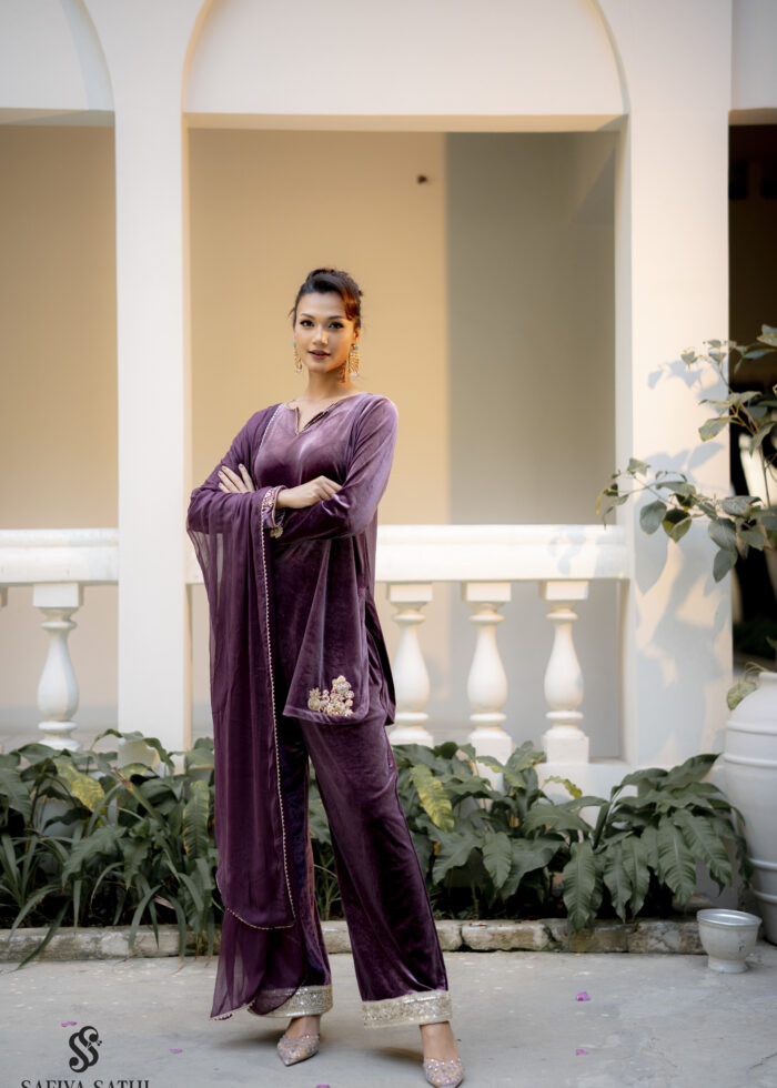 Plum Reverie" — Velvet Hand-Embroidered 3-Piece Co-ord Set (Kurta + Palazzo + Dupatta)