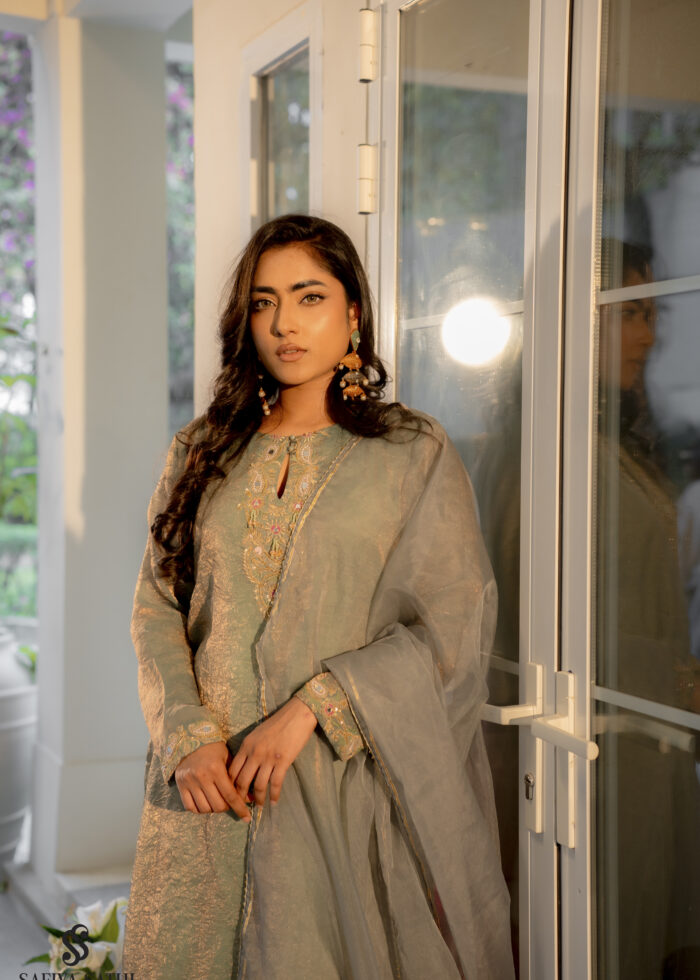 Ashy Blue Crush Silk Hand-Embroidered 3-Piece Formal Ensemble