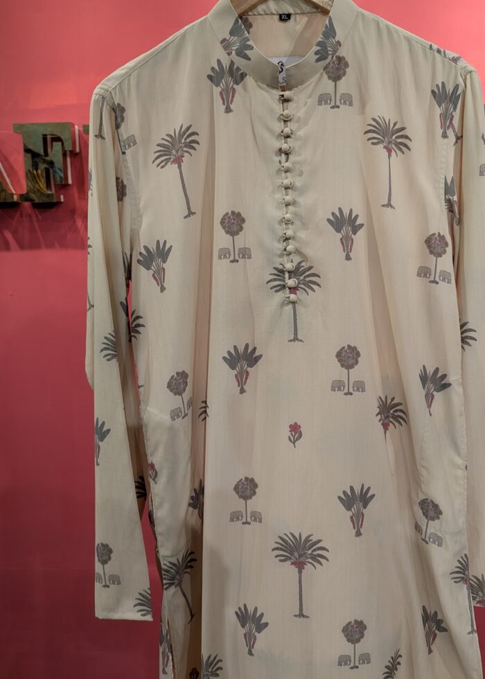 Men's Off-White Ethnic Block Print Kurta Panjabi | Palm Tree & Elephant Motif |