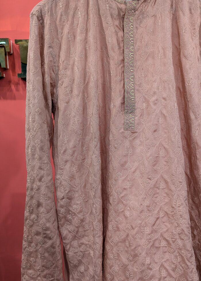 Blush Rose Textured Kurta | Tonal Embroidery | Men's Luxury Ethnic Wear