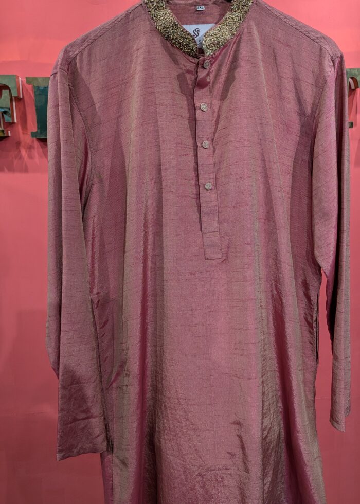 Men's Dusty Rose Crush Silk Kurta with Gold Zardozi Collar