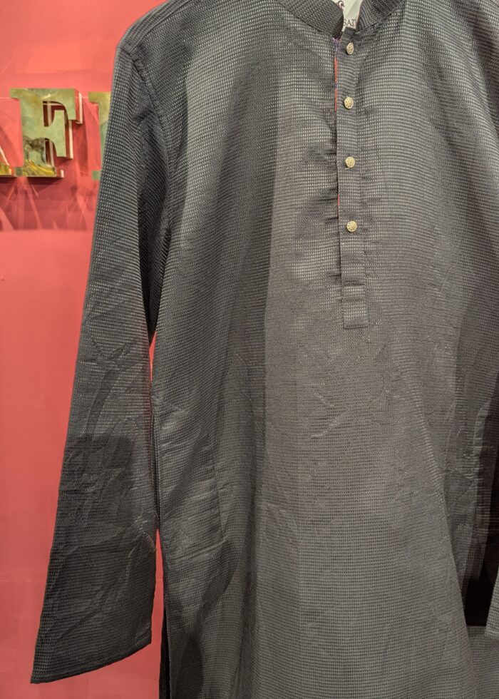 Men's Black Textured Kurta with Mandarin Collar & Antique Gold Buttons