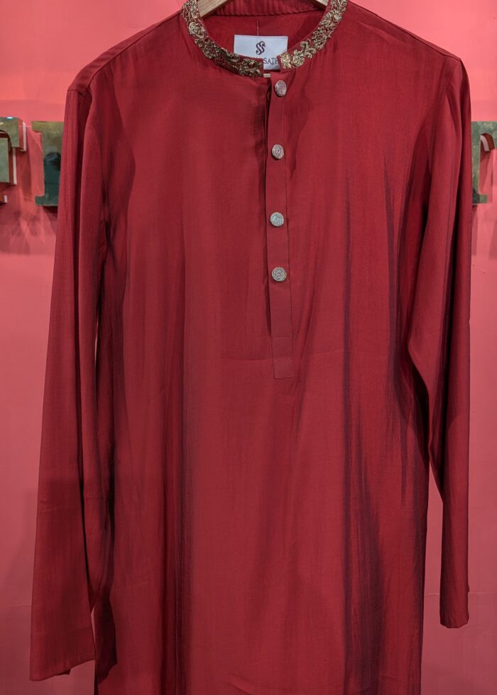 Maroon Embroidered Collar Cotton Kurta | Festive Ethnic Wear