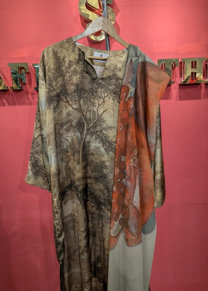 Sylvan Forest Printed Silk Kaftan Tunic with Coordinating Scarf — Olive & Rust