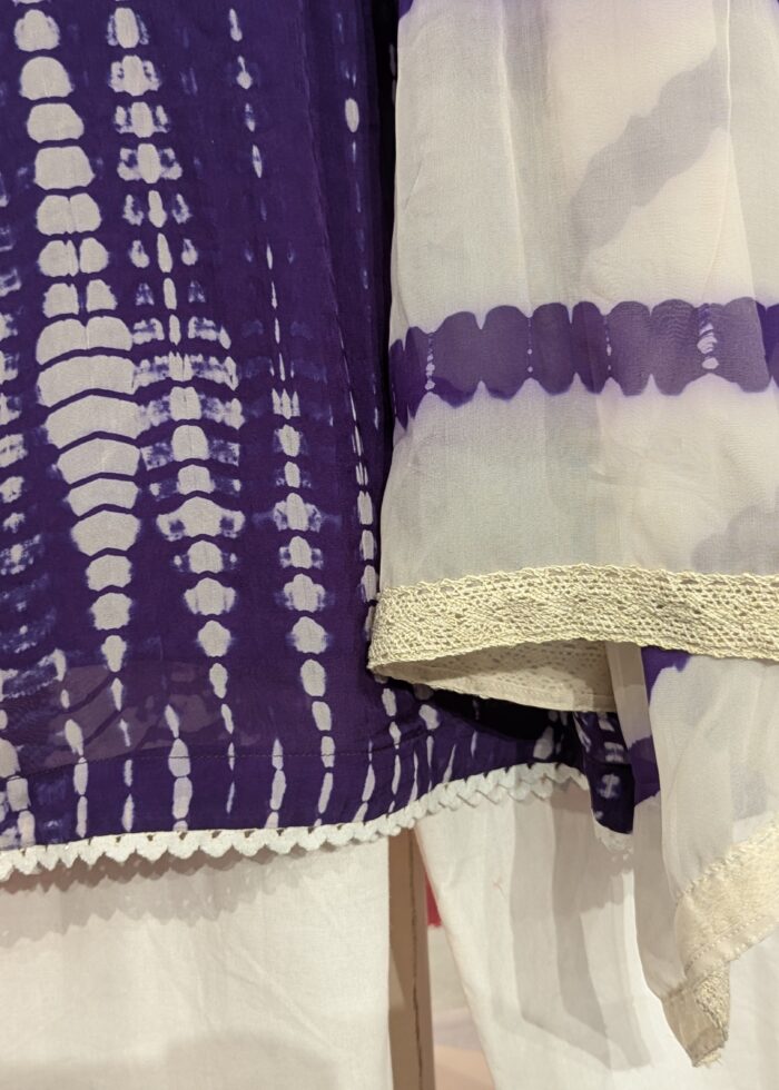Purple Shibori Tie-Dye Muslin Kurta Set with Floral Embroidery & White Palazzo Pants