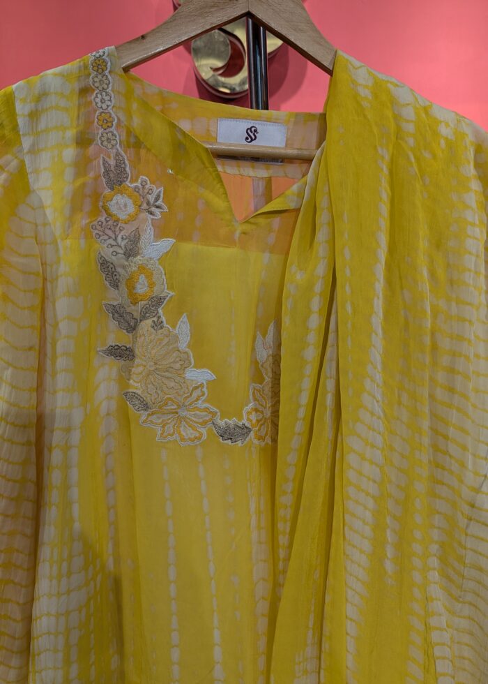 Sunshine Yellow Shibori Tie-Dye Muslin Suit with Floral Embroidery Neckline & Dupatta