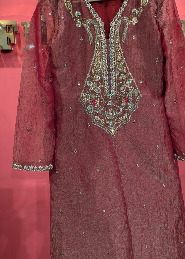 Crimson Crush Silk Hand-Embroidered Kurti | Zardozi & Resham Work | Festive Wear