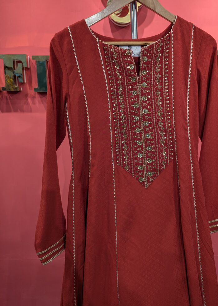 Crimson Red Linen Kurti with Hand Embroidery & Zari Work
