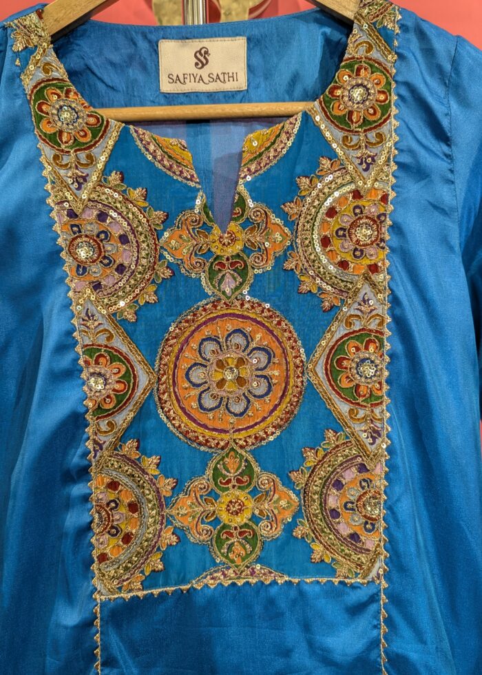 Royal Teal Blue Pure Silk Kurta with Multicolour Hand Embroidered Yoke | Festive Ethnic Wear