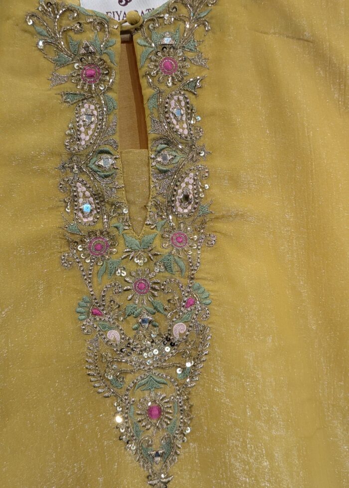 Mustard Yellow Silk Kurta with Intricate Hand Embroidered Neckline | Festive Wear