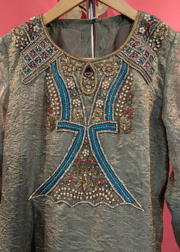 Ashy Blue Crush Silk Kurti with Intricate Hand Embroidery & Multi-Color Embellishments