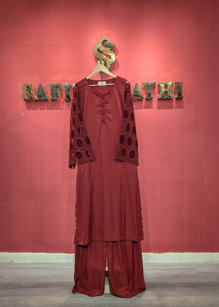 Deep Maroon Velvet Cutwork Kurta Set | Luxury Silk Satin Co-ord | Ethnic Festive Wear