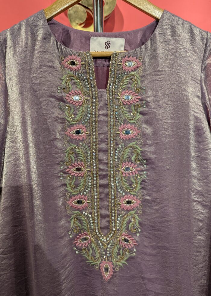 Elegant Mauve Silk Kurta with Intricate Hand Embroidery & Mirror Work
