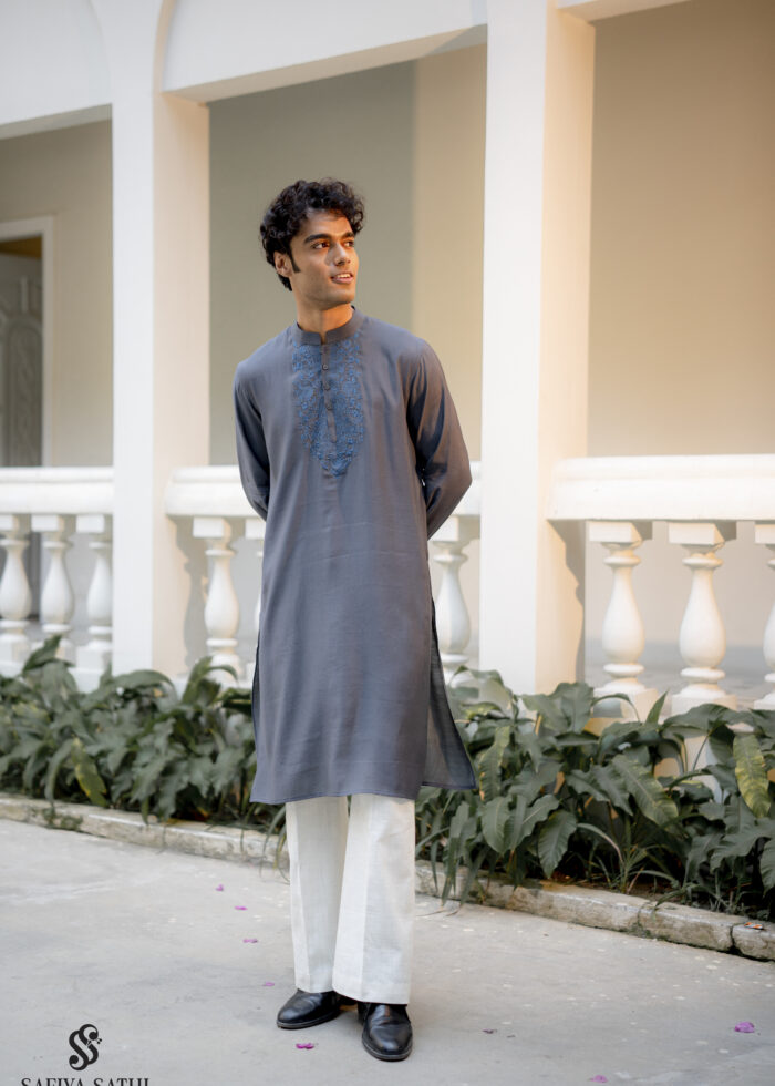 Ashen Bloom Embroidered Kurta | Ash Grey Roman Silk with Steel Blue Floral Embroidery