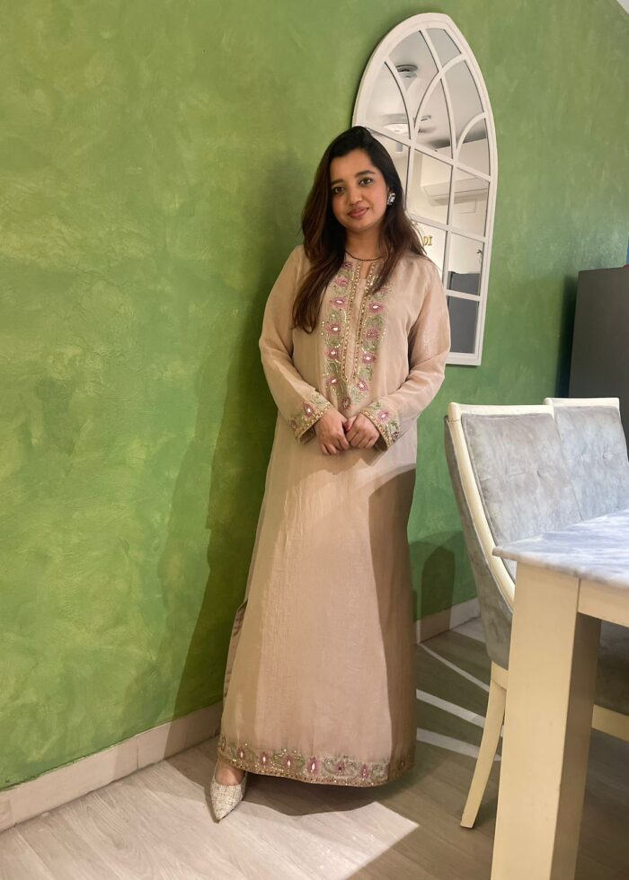 Blush Rose Embroidered Organza Kurta with Floral Zari & Mirror Work