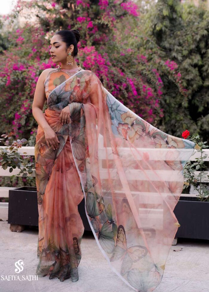 Butterfly Garden Printed Organza Saree | Eid Collection | Peach Floral Butterfly Digital Print
