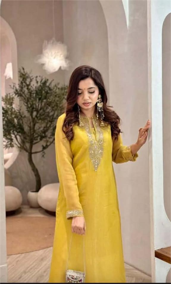 legant Yellow Embroidered Chanderi Silk Straight Kurta Set with Dupatta