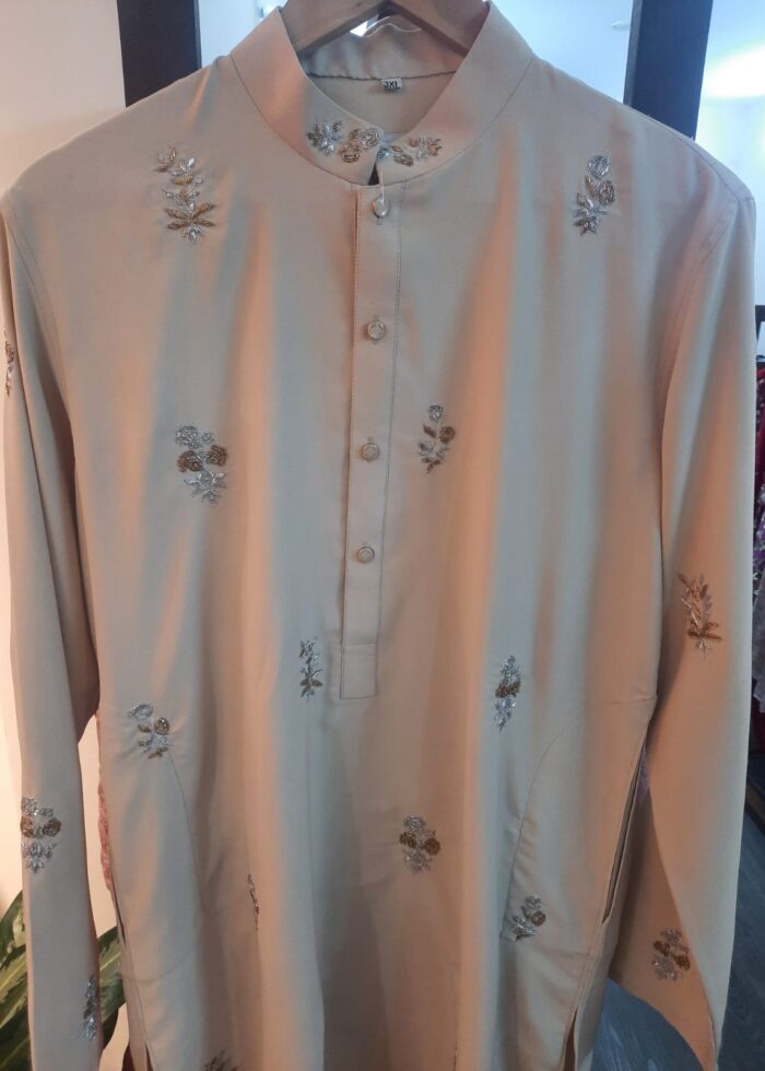 Men's Biscuit Beige Embroidered Panjabi | Floral Zari & Sequin Work | Festive Occasion Kurta
