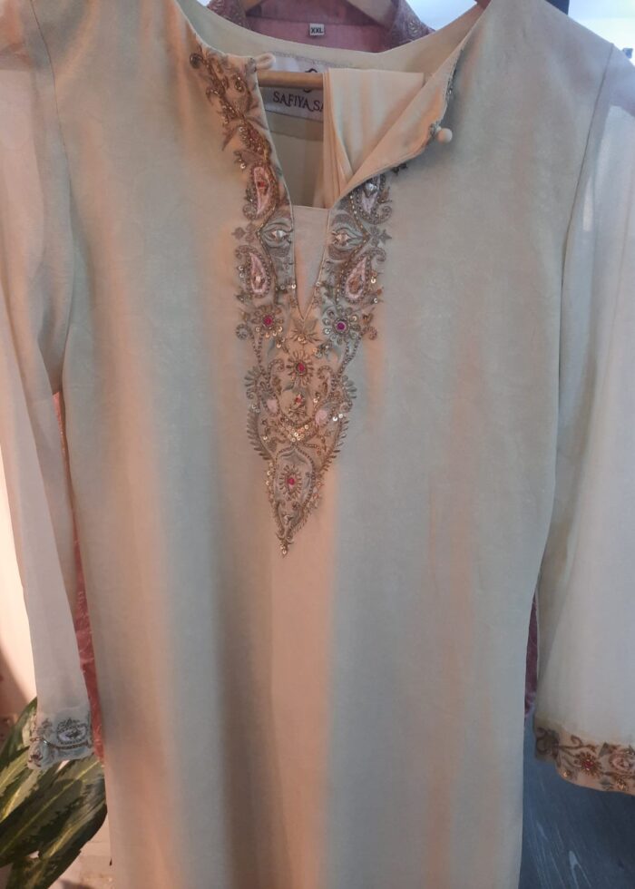 Cream Luxury Embellished Chiffon Kurta | XXL | Hand-Embroidered Neckline with Sequins & Stone Work