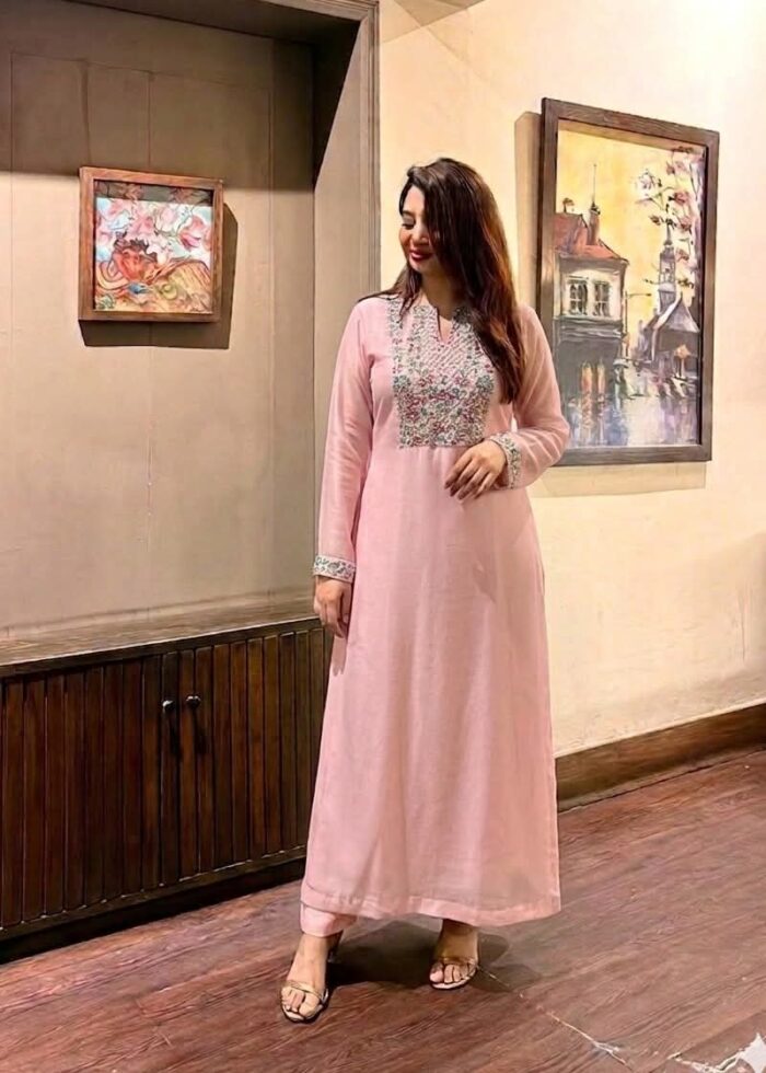 Rose Pink Multicolor Floral Embroidered Straight Kurta Set