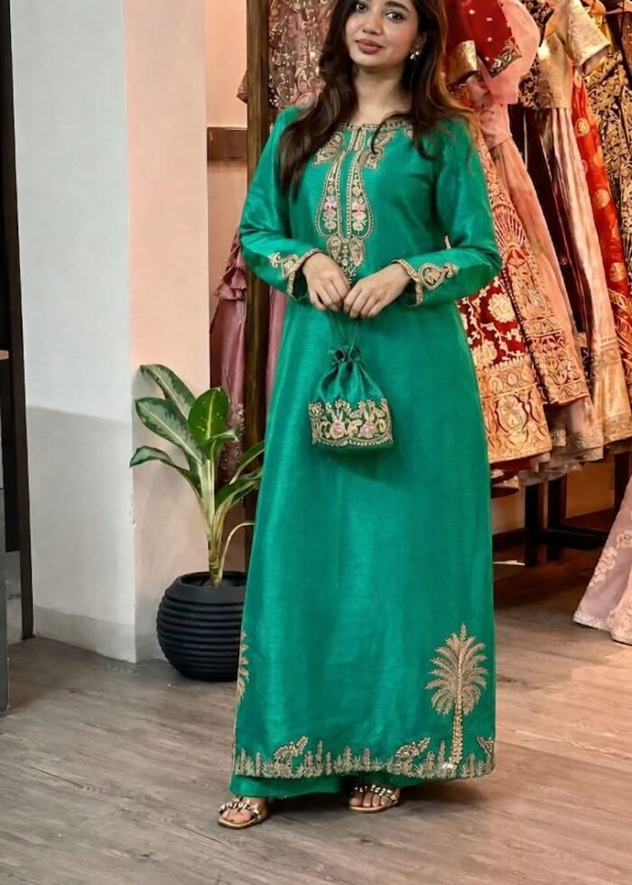 Teal Green Plam Tree Embroidered silk kaftan set