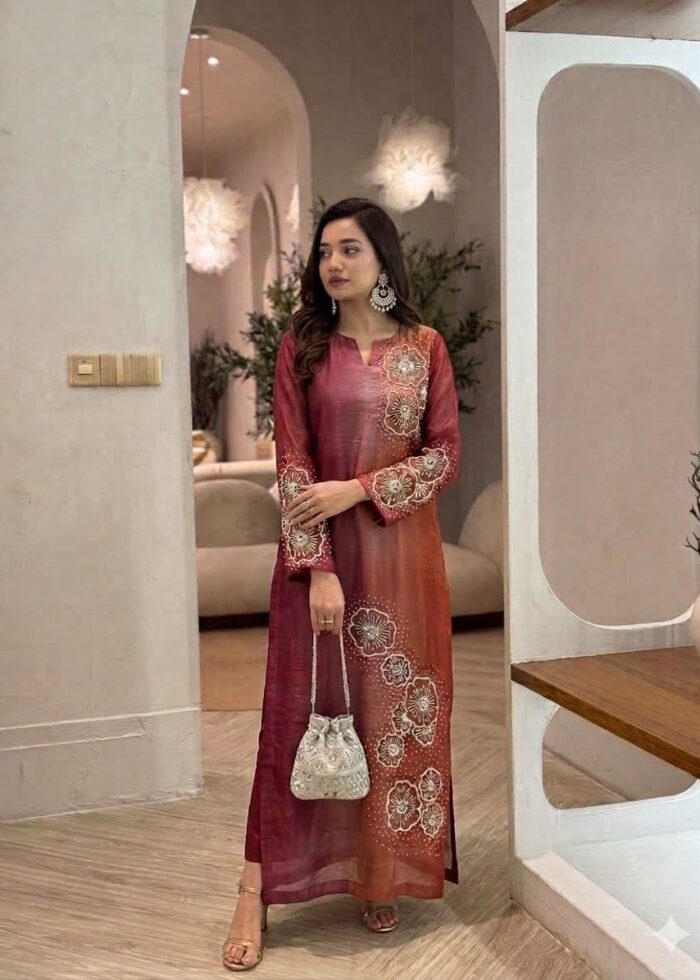 Rust Ombre Floral Embroidered kurta