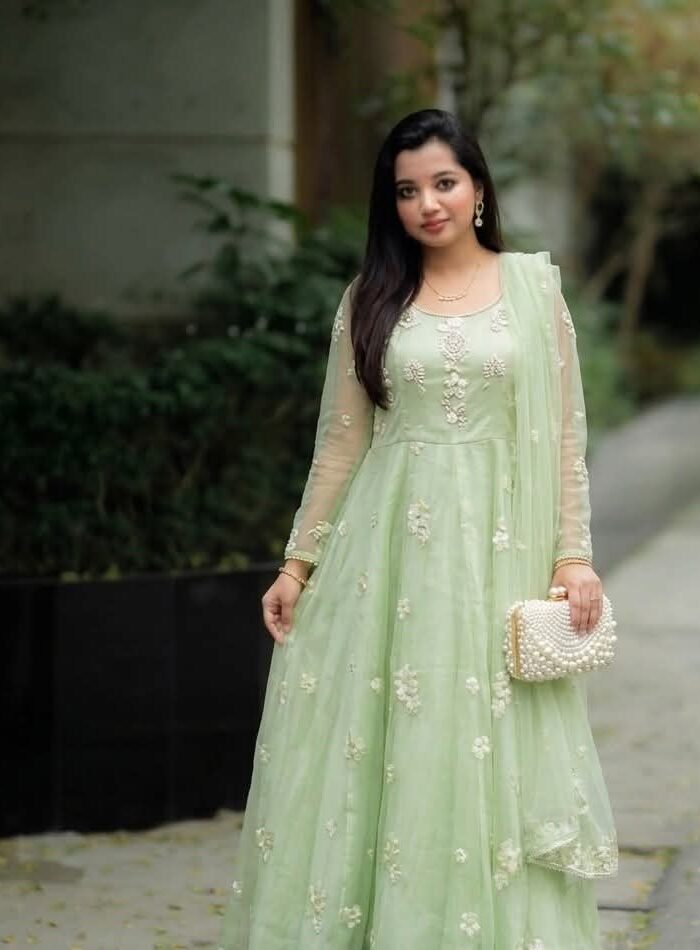 Mint Green Floral Anarkali Gown With Dupatta